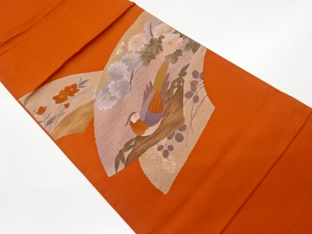 リサイクル　すくい織地紙に花鳥模様織出し袋帯